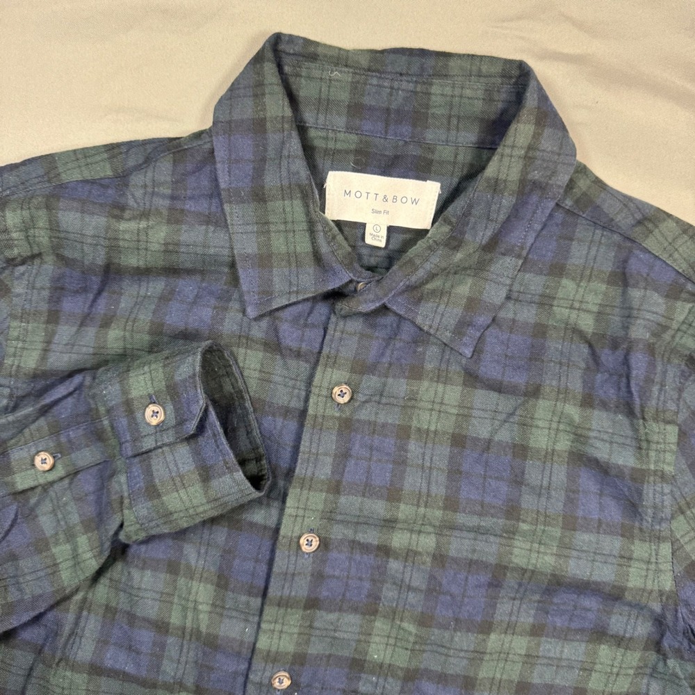 Mott & Bow Slim Fit Plaid Button Up Shirt‎ Men L Blue Green Gingham Lumberjack